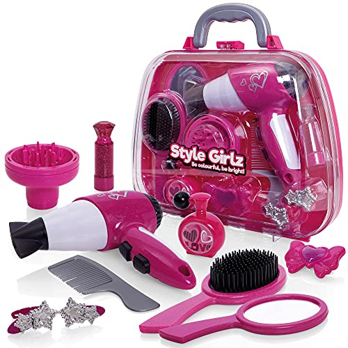 Style Girlz Hair Styling Set For Girls Age 3-6 | Battery Operated Toy Hair Dryer, Accessories Included, Vanity Case, Pretend Hairdresser Role Play