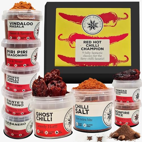 Nature Kitchen The Chilli Selection Gourmet Gift Set. 9X Spicy Chillies and Blends for Spicing Up Your Daily Dishes. Includes Ghost Chilli, Trinidad Scorpio, Chipotle, Habanero + Scoville Scale