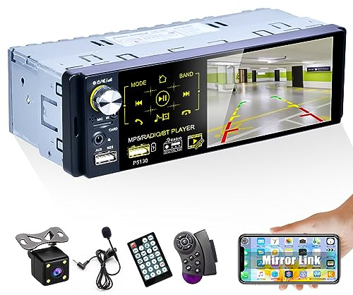 CAMECHO Autoradio Bluetooth 1 Din Stereo RDS, 4 Pollici Touch Screen Capacitivo Ricevitore FM/AM Doppia porta USB/Ingresso AUX/Scheda SD+Microfono esterno /Controllo del volante