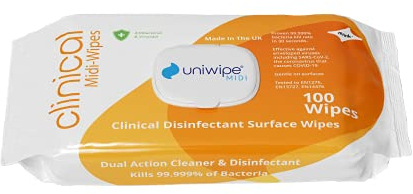 Uniwipe Clinical Midi-Wipes Antibacterial Sanitising kills 99.999% of germs (100 Pack), Plain