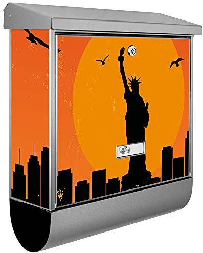 banjado® Burgwächter Briefkasten Edelstahl 38x39x12cm mit Motiv City Poster New York/Briefkasten Edelstahl ohne Zeitungsfach/Briefkasten grau/Postkasten inkl. Montagematerial & 2 Schlüsseln