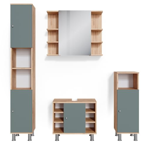Vicco Badmöbel-Set Fynn, Grün, 60 cm | besteht aus Waschbeckenunterschrank, Spiegelschrank, Hochschrank und Midischrank