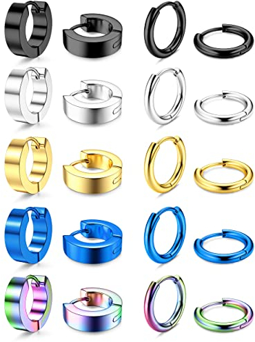 Adramata 10 Paare Herren & Damen Ohrringe - Edelstahl Creolen & Hoops Earrings - Conch Knorpel Helix Piercing Ohrschmuck - Schwarz, Gold & Silber - Für Damen & Herren