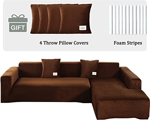 ele ELEOPTION Sofa Überwürfe elastische Stretch Sofa Bezug 2er Set 3 Sitzer für L Form Sofa inkl. 2 Stücke Kissenbezug (Pur Braun)
