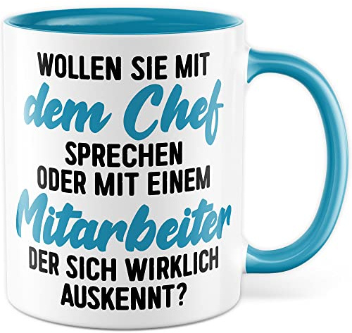 Tasse fürs Büro lustige Kaffeetasse mit Spruch Mitarbeiter Kaffee-Becher mit Humor Geschenk Kollegen Kollegin Geschenkidee Arbeit Schreibtisch Chef Boss Humor Teetasse (Weiß/Blau)