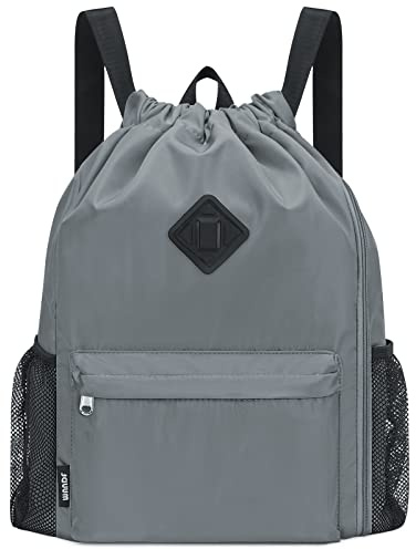 WANDF Rucksack mit Kordelzug, Sporttasche mit Schuhfach, wasserabweisender String-Rucksack Cinch für Damen Herren (Groß,Grau)