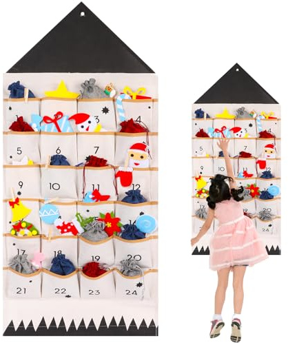 Kaket Advent Calendar, Fabric Advent Calendar with 4 by 4 pockets, Empty Christmas Advent Calendar to Fill Small Gifts, Modern Interior Hanging Storage (Black)