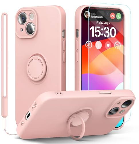 pcgaga Coque de téléphone en silicone pour iPhone 15 avec protecteur d'écran, anneau de support, dragonne, doublure en microfibre, 6,1, rose