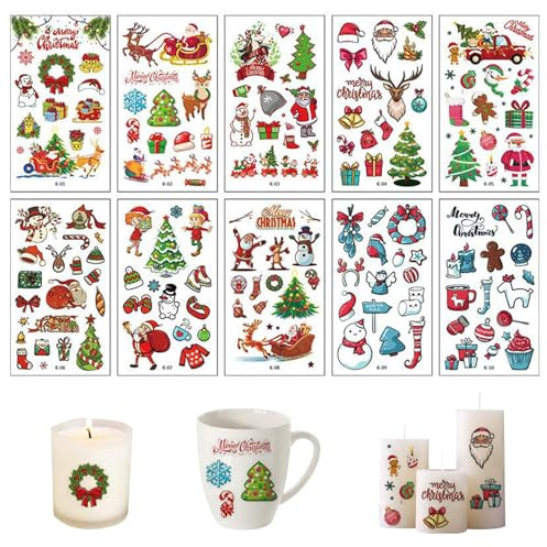 Ellxen 10 Stück Kerzentattoos Weihnachten Deko,Kerzentattoos,Bunt Weihnachten Tattoofolie Sticker,Wasserschiebefolie Kerzen,Für DIY Tasse Kerze Weihnachten Geschenk für Kerzen/Keramik