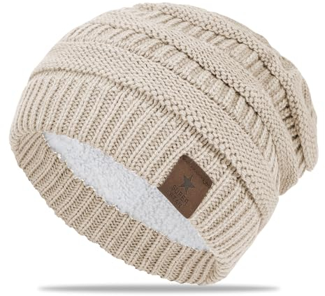 FIFTHAVE Beanie Mütze Damen Wintermütze Mädchen Strickmütze Beanie Hat Warme Mütze Herbst Beany Hut mit Weichem Fleece Innenfutter für Outdoor Beige
