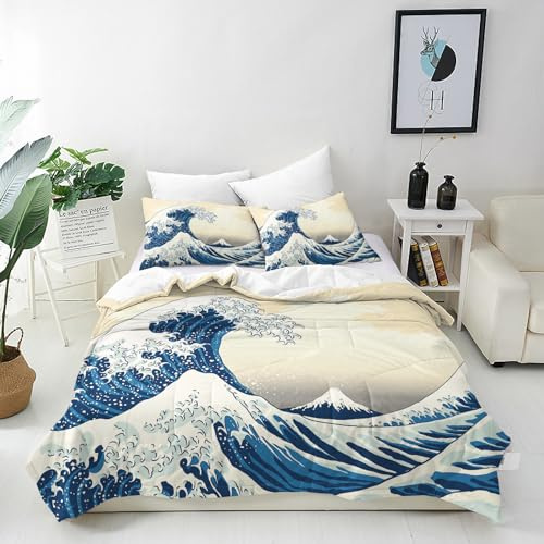 ANHOPE Parure de Lit Japonaise Vague Mont Fuji Housse de Couette 135x200 cm avec 2 Taies d'oreiller 75x50 cm Microfibre Literie avec Fermeture Éclair Toutes Saisons