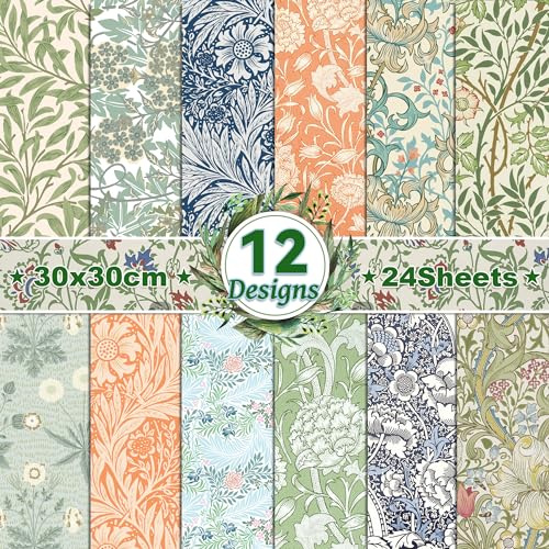 VIVIQUEN Doppelseitiges Papier, Vintage-Blumenmuster, 30,5 cm, Retro-Blume, William Morris, Sammelalbum, Bastelpapier, flach gefaltet, für DIY-Hintergrund, Kartenherstellung, Scrapbooking, Fotoalbum,