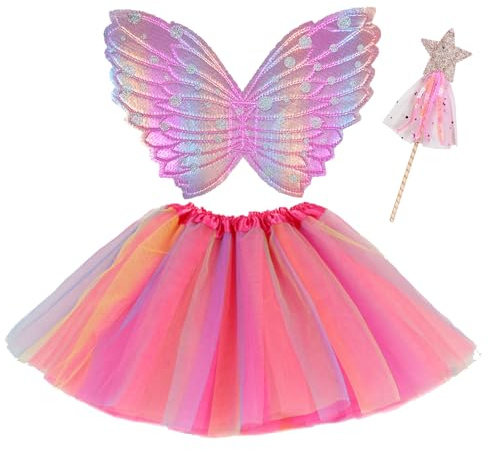 Schmetterlingsflügel Kinder, Rosa Tutu Kleid mit Magic Star Wand Schmetterling Fee Flügel Schmetterling Kleid Kostüm Prinzessin Fee Dress Up für Cosplay Halloween(3-6 Jahre alte Mädchen) (Hot Pink)