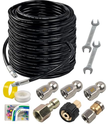 Hourleey Kit di getto fognario per idropulitrice da 400 m, tubo di scarico da 1/4 di pollice NPT, orifizio 4.0 pulsante naso e ugello rotante per fogna, chiave a nastro per corpetto perlato, 4000 PSI