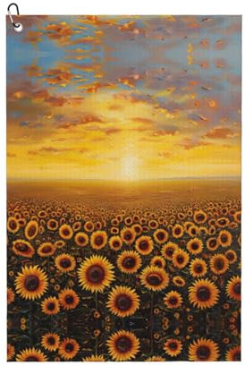 Serviette de golf à usage général, motif champ de tournesol, coucher de soleil, mer de fleurs, accessoire de golf personnalisé pour homme, absorbant et polyvalent