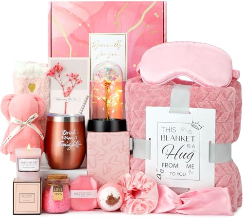 Birthday and Get Well Gifts for Women - Relaxing Spa Care Package With Luxury Flannel Blanket, Light-Up Rose Flower - Unique Self Care Gift Basket for Mom, Wife, Friends