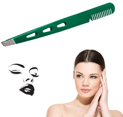 Pinzetta Professionale Sopracciglia con Punta Obliqua in Acciaio Inossidabile - Pettine Incorporato per Precisione nella Depilazione Viso e Peli Incarniti - Ideale per Uomini e Donne (VERDE)