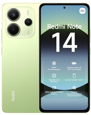 Xiaomi Smartphone Redmi Note 14, 8+256GB, verde, sistema di telecamere AI da 108 MP, batteria da 5500 mAh, display per la cura degli occhi da 120 Hz, funzioni AI (senza caricabatterie incluso), 2 anni