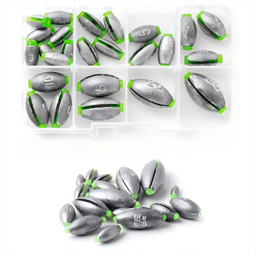 Beatyarmy 25 pesas elípticas de pesca en el mar con núcleo de plástico, kit de plomos de 8 tamaños, plomos ovalados de pesca de fundición, para carpa, río, agua salada, agua dulce