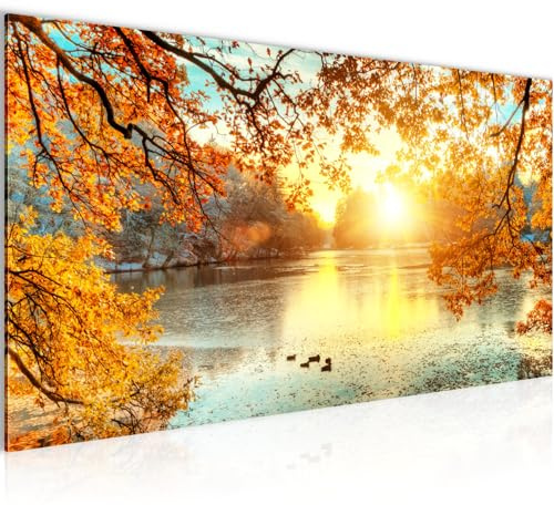 Runa Art Wandbild Sonniger Wald 100 x 40 cm Modern Bild auf Vlies Leinwand Wald Natur Wohnzimmer Schlafzimmer Orange Gelb 050012a
