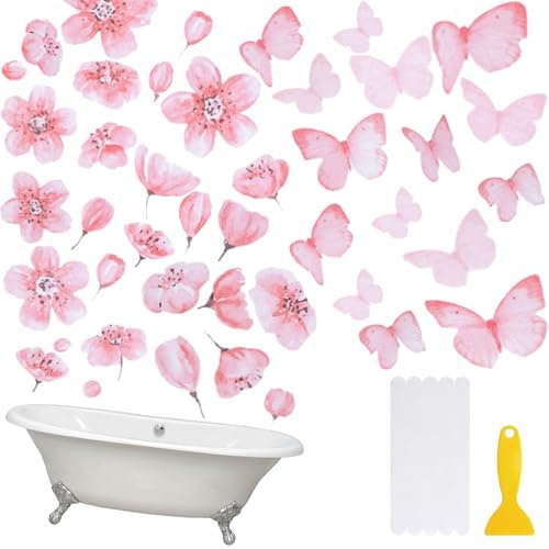 HOMMDECO Non Slip Bathtub Stickers 6PCS Pink Butterfly Bathtub Sticker Anti-Slip Adhesive Bathtub Decals with Scraper for Bath Tub Stair Shower Floor