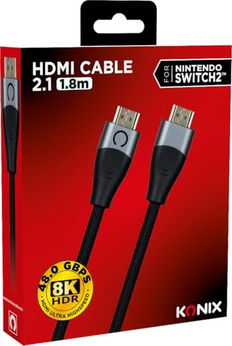 Konix HDMI 2.1 Kabel für Nintendo Switch 2 - Geflochtenes Nylon - 4K- und 8K-Kompatibilität - Länge 1,8 m - Schwarz