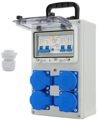 Distribuidor de Corriente 230V 16A, IP67 para Construcción, Distribución de Pared con Interruptor FI, Distribución Eléctrica para Interiores/Exteriores,Talleres y Fábricas