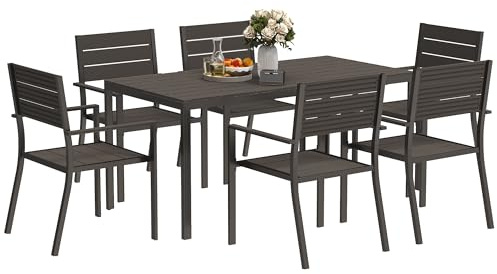 Outsunny Set Tavolo da Giardino con Sedie da 7 Pezzi, Set da Pranzo con Tavolo con Piano in HDPE, 6 Sedie da Esterno Impilabili con Braccioli, Set di Mobili in Acciaio per Terrazza e Patio, Marrone