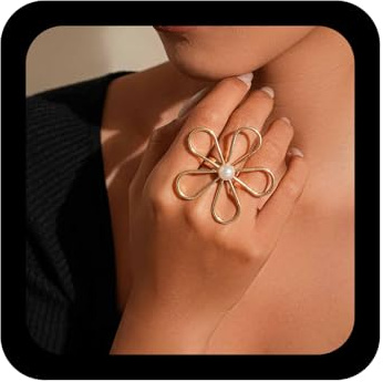 Enautoabs Boho Exaggerated Large Flower Adjustable Ring Imitation Pearl Open Ring Metal Hollow Flower Rings Vintage Wire Finger Rings Jewelry for Women