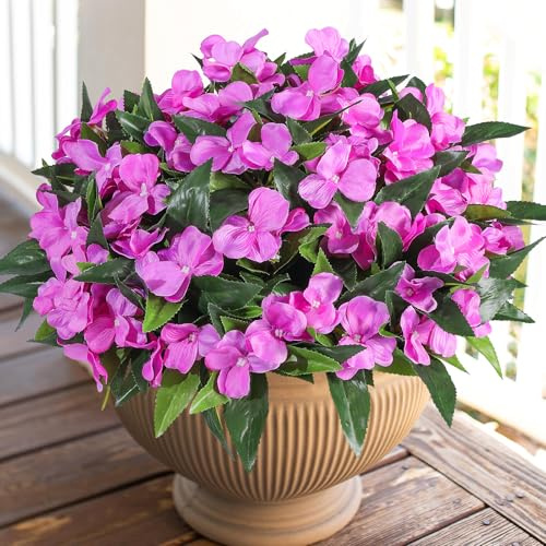 Veryhome Konstgjorda blommor utomhus 4 buntar silkesblombukett falska pelargon impatiens för utomhus inomhus konstgjorda växter UV-beständig för hem trädgård vas fönsterlådor balkongdekor (fuchsia)