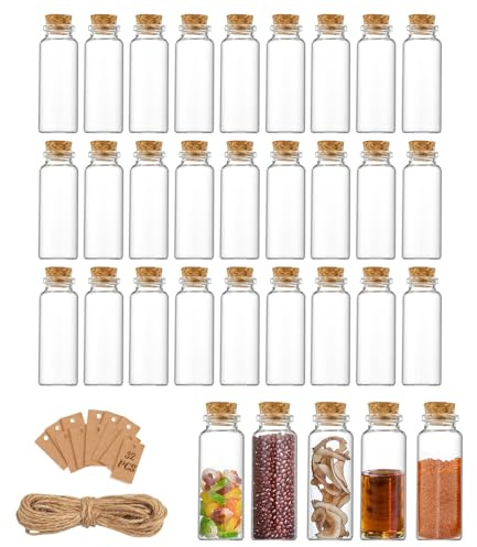 Lot de 32 Fiole en verre avec Bouchon en liège, Mini Bouteille Verre,Petits pots en verre de 40 ml, étiquettes et Ficelle, pour la Décoration DIY, Les Cadeaux de Mariage, Les Cadeaux de fête