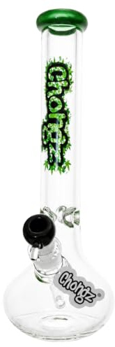 Chongz 40cm 9mm Plug Beaker Glass Bong, 9mm borosilicate glass waterpipe available in two colours: black accents or Green accents (Green accents)