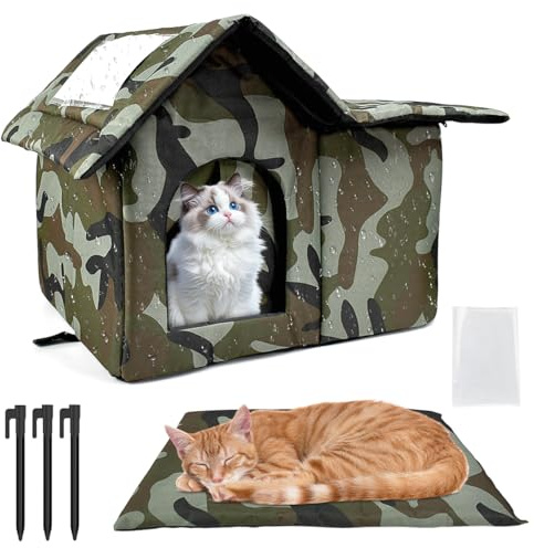Elyyapt Outdoor Cat House Waterproof, Large Feral Cat Kennel Beds Insulated Cats Shelter Cave Weatherproof Cats Kitty Pet House with Door and Soft Mat for Cats and Small Dogs, Easy to Assemble, M