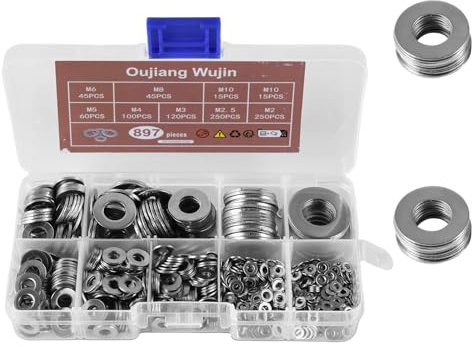 Oujiang Wujin 897-teiliges Edelstahl Unterlegscheiben Set – Flache Scheiben in 9 Größen (M2 bis M10) – Für DIY, Haushalt, Möbelmontage, Maschinenbau & Reparaturen – Inklusive stabiler Aufbewahrungsbox
