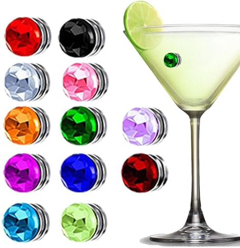 Qoukonao Wine Glass Markers, Pack of 12 Crystal Magnetic Funny Pendants, Markers for Stemless Glasses and Drinks - for Christmas, Valentine's Day, Party, Champagne, Decoration