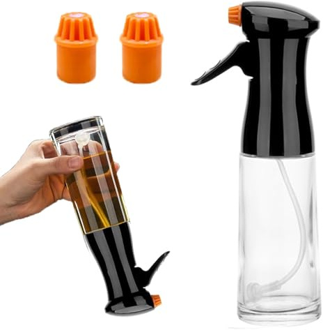 TASBER Oil Sprayer, 200m Glass Oil Dispenser Bottle, 2 in 1 Oils Spritzer Spray Bottle for Kitchen Accessories, Widely Suitable for Air Fryer, BBQ, Baking, Salad (Black)