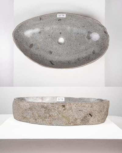 Lavabo in pietra naturale con bordo naturale, 70 cm, ovale, grigio, in pietra, per il bagno