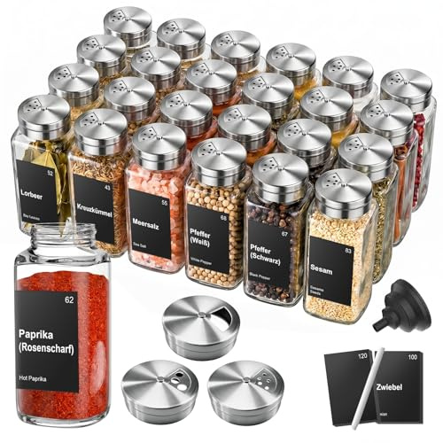 CLEANGOR Gewürzgläser Eckig mit Edelstahldeckel [24x120ml], Spice Jars Glas | Streuöffnung in 3 Größen, Luftdicht, Spülmaschinenfest, Inkl. 120 Etiketten, Stift, Trichter, Für Küche, Grillen & Schubladen