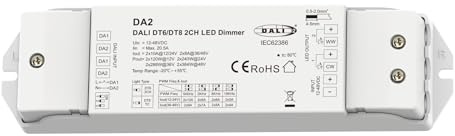 Led Dimmer DALI 2 Canali, Dimmerabile Con Pulsante NO, AC Push Dim, DALI-2, PWM, DT6 DT8 per Striscia LED Monocolore CCT 12V 24V 36V 48V, 2X10A@12V/24V, 2X8A@36V/48V