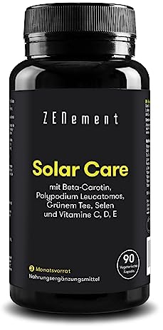 Solar Care, mit Polypodium leucotomos, Grünem Tee, β-Carotin, Licopene, Lutein, Selen & Vitamin C, D & E, 90 Vegetarisch Kapseln | Bereitet die Haut auf die Besonnung vor | Vegetarisch | Zenement