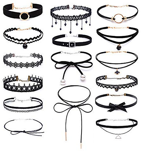 Yakiki Choker-Set, Spitzen- und Tattoo-Optik PU Halsband Tattoo-Kette Schmuck-Sets Damen-Schmuck Velvet Halskette, Schwarz, 16 Stück