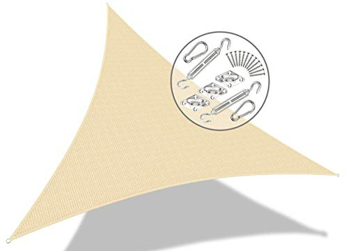 VOUNOT® Toldo Vela de Sombra Triangular 3 x 3 x 3 m, Incluye 19 Kits de Montaje, Protección Rayos UV y HDPE Transpirable, para Exterior, Jardin, Patio, Marfil