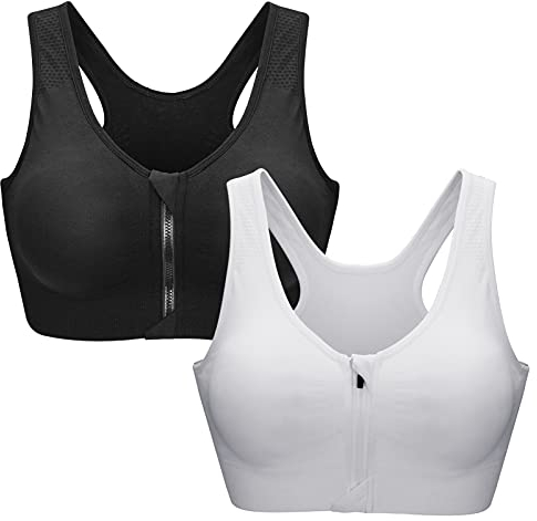 Zoerea Reggiseno Sportivo Senza Ferretto da Donna con Cerniera Frontale e Pastiglie Rimovibili per Ginnastica Corsa Yoga (Nero + Bianca,M)
