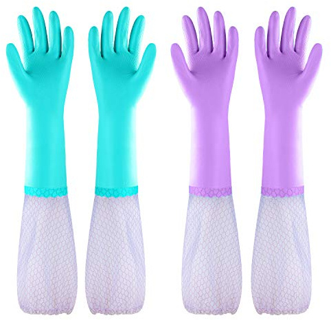 Elgood Reusable Long Sleeve Dishwashing Cleaning Gloves with Latex Free,Cotton Lining,Kitchen Gloves 2 Pairs,Purple+Blue M