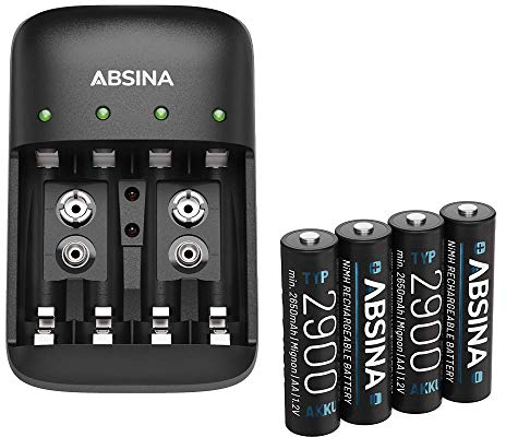ABSINA Caricabatterie pile ricaricabili AA AAA e 9V + 4x AA 2900 Pile - Caricabatterie NiMH 4 Slot per batterie ricaricabili - Carica pile ricaricabili AAA, AA e 9V - Caricabatterie AA AAA