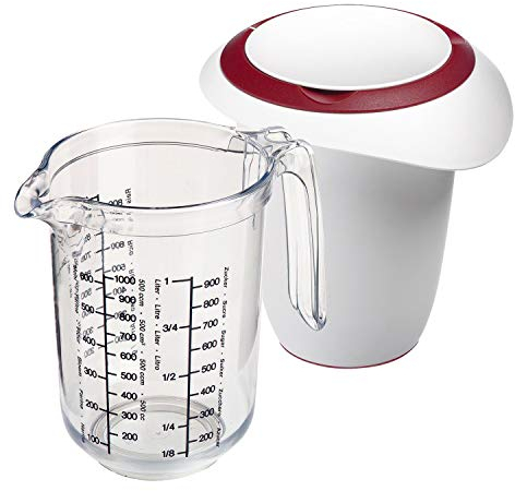 Westmark Set 2tlg, Messkanne 1 l und Quirltopf mit zweigeteiltem Deckel 1 l, Messkanne mit mehrsprachiger Skala, mit Ausgießer, Kunststoff, Gerda, Transparent/Weiß/Rot, 306822E6