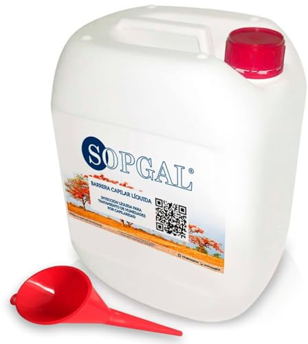 Barrera Capilar Sopgal 5L +1 Cánula. Inyección Líquida Humedades Capilares | Frena las humedades por capilaridad ascendente en paredes y muros, creando una barrera impermeable defintiva.