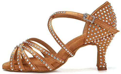 RUYBOZRY Scarpe da Ballo Latino Americano Donna Strass Scarpe da Ballo Salsa da Sala,CT404-6.5-Marrone,EU 40
