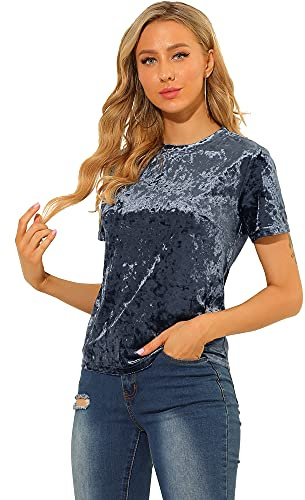 Allegra K T-Shirt en Velours Femme Haut Décontracté à Manches Courtes et Col Rond Pull Gris Bleu M
