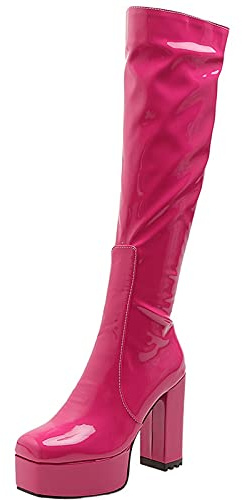 CUTEHEELS Stivali casual plateau alti al ginocchio con tacco grosso e punta quadrata per donna alla moda
